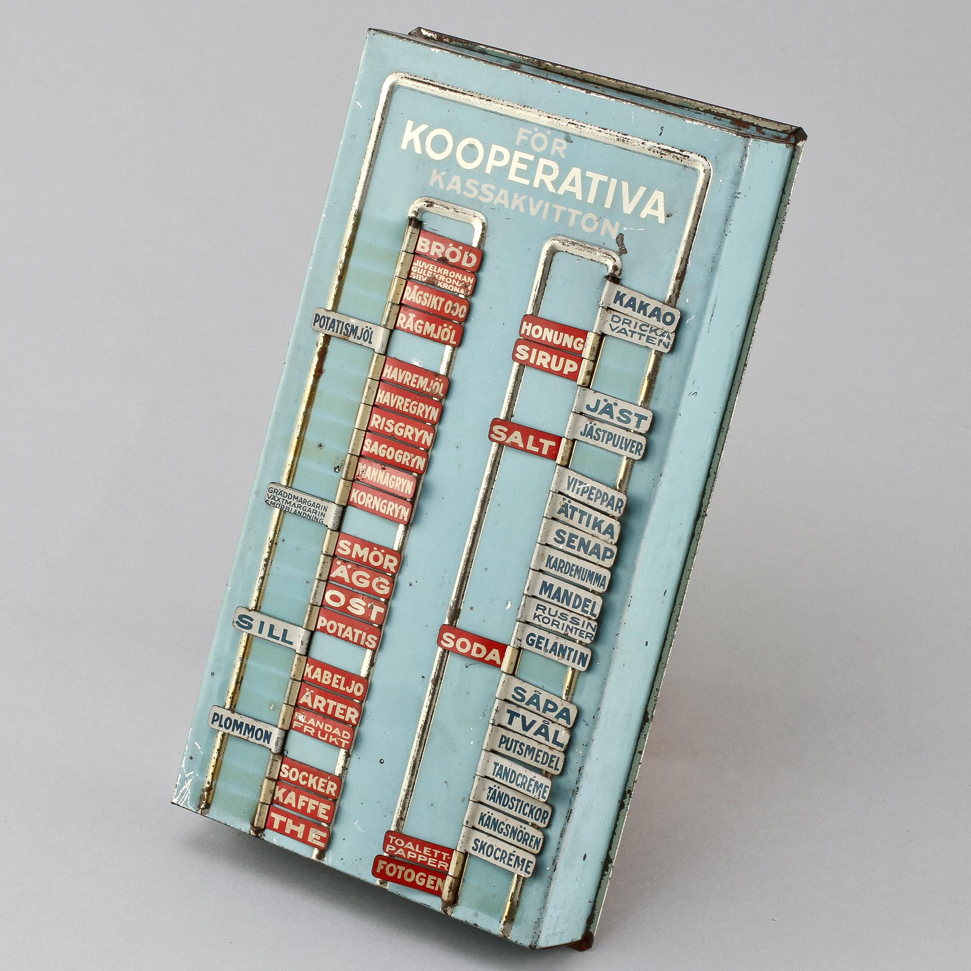 INKÖPSTAVLA TILL HUSHÅLLET, plåt, 1930/40-tal.