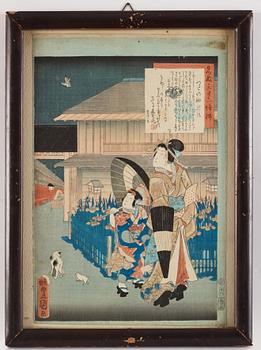 Utagawa Kunisada, four colour woodblock prints, Japan, c. 1850-60.