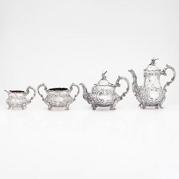 A Victorian four-piece sterling silver coffee and tea service, maker's mark of William Smily, London 1856.