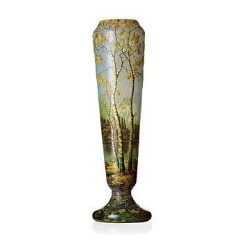 28. DAUM, an Art Nouveau etched and enamel painted  glass vase, Nancy, France.