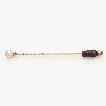 Hat pin, 8/8 cut diamond, pearl, 14K gold.