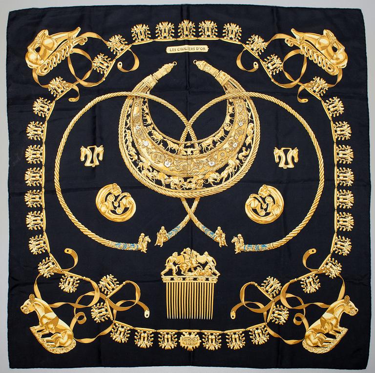 A Hermès silk scarf, "Les Cavaliers d'Or".