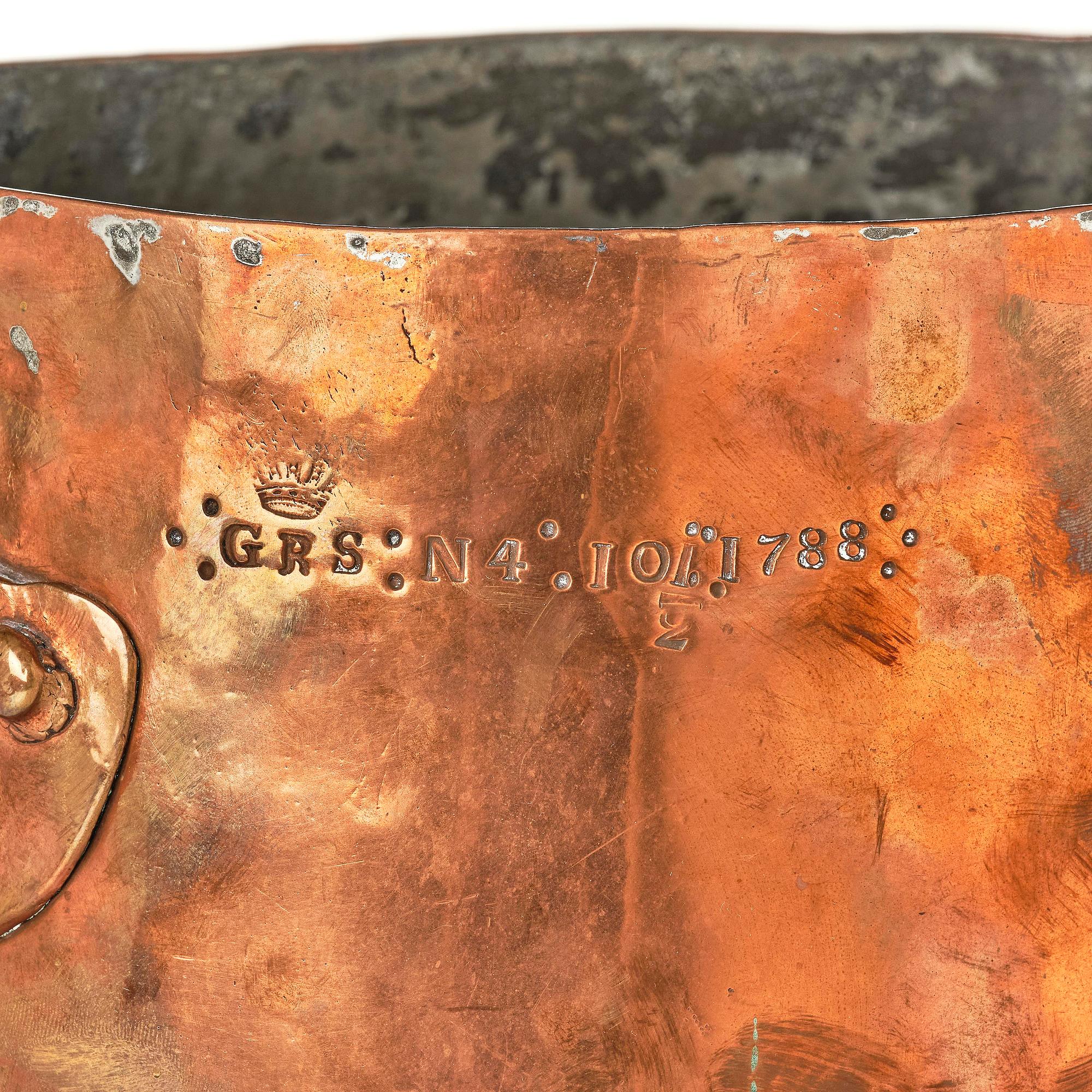 A copper cauldron from Gustav III:s household, dated 1788.
