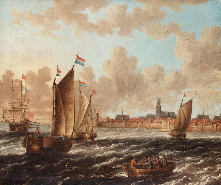 Jacobus Storck Attributed to, Dutch ships outside a city with wall.