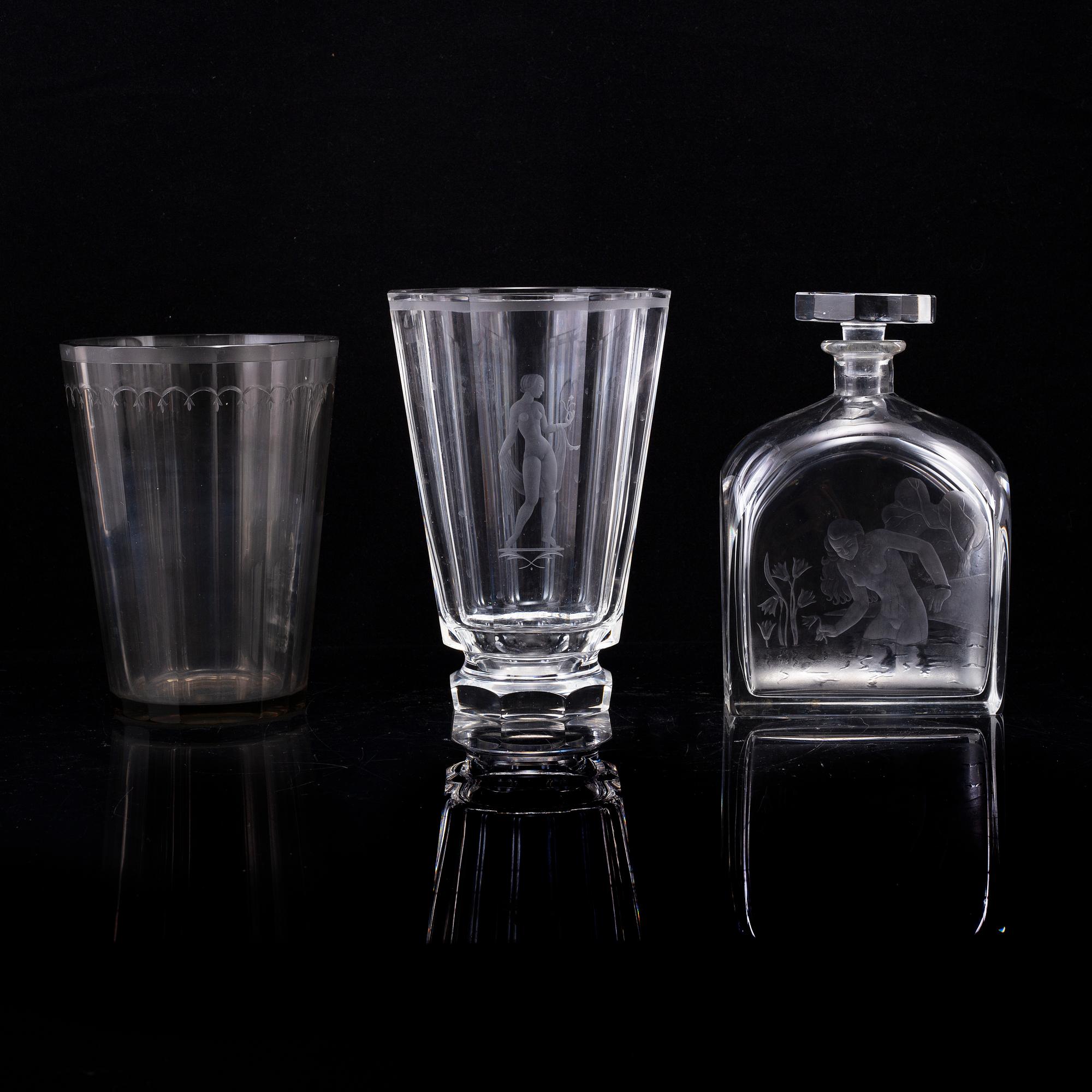 Simon Gate, two glass vases and a decanter, Orrefors.