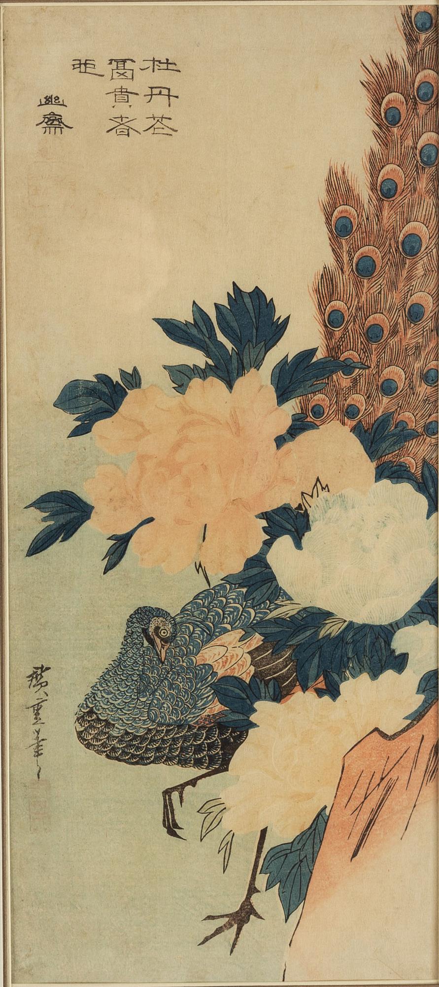 Utagawa Hiroshige (1797–1858), after, colour woodblock print, Japan "Peacock and Peonies", late 19th/early 20th century.
