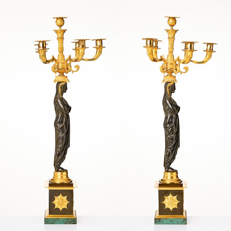 A pair of important six light Retour d`Egypt Empire candelabra.