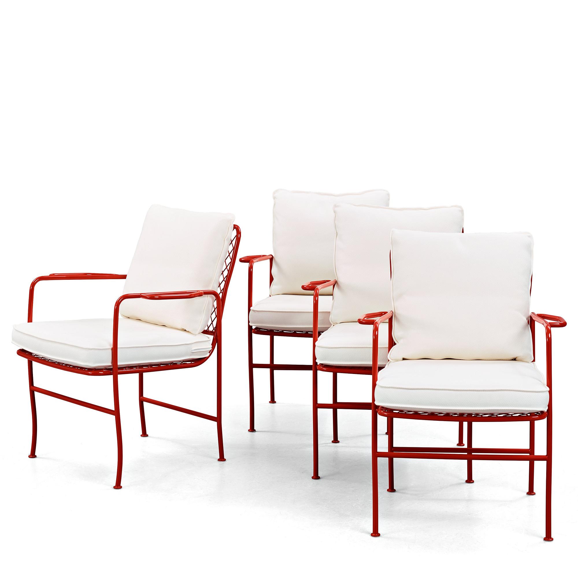 JOSEF FRANK, a set of four red lacquered steel garden chairs, model 591, Svenskt Tenn Sweden.
