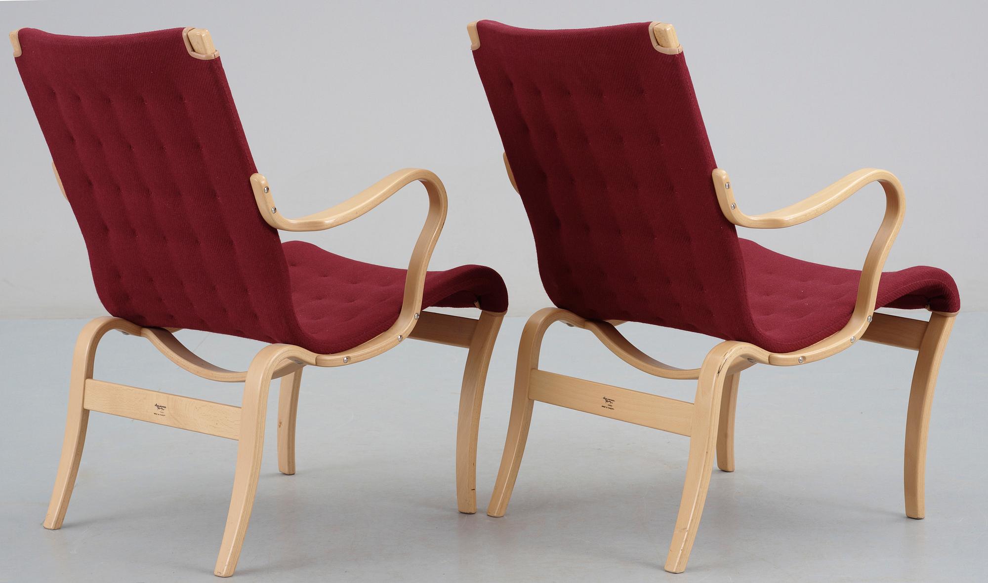 FÅTÖLJER, ett par, "Mina", Bruno Mathsson, Mathsson International Värnamo, 1900-talets slut.