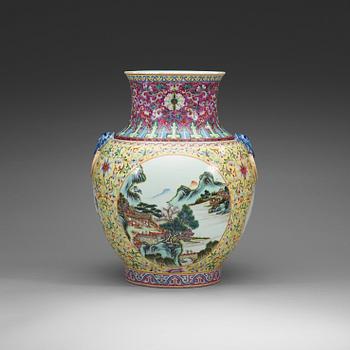 320. A large famille rose vase, late Qing dynasty with Qianlong mark.