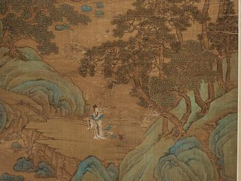 A hanging scroll of figures in a landscape, presumably by a female artist (Yinhu from Tongjin), Qing dynasty(1644-1912).