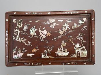 A wooden tray and two panels, Qing dynasty, 19th Century.