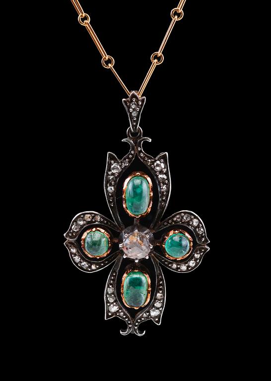 A PENDANT, cabochon cut emeralds c. 3.4 ct, rose cut diamonds c. 0.7 ct. Silver on 18K gold. Sverige. Vikt 17 g.