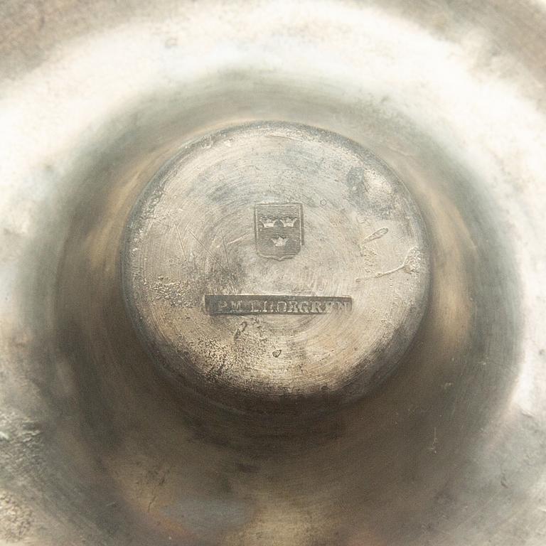 Candle holders, two pieces of pewter, 1850s.