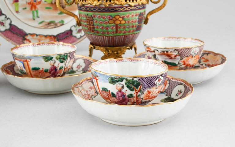 Three polychrome cups with barrels, three cups, one bowl with lid and one plate, Qing dynasty, 18/19th century.