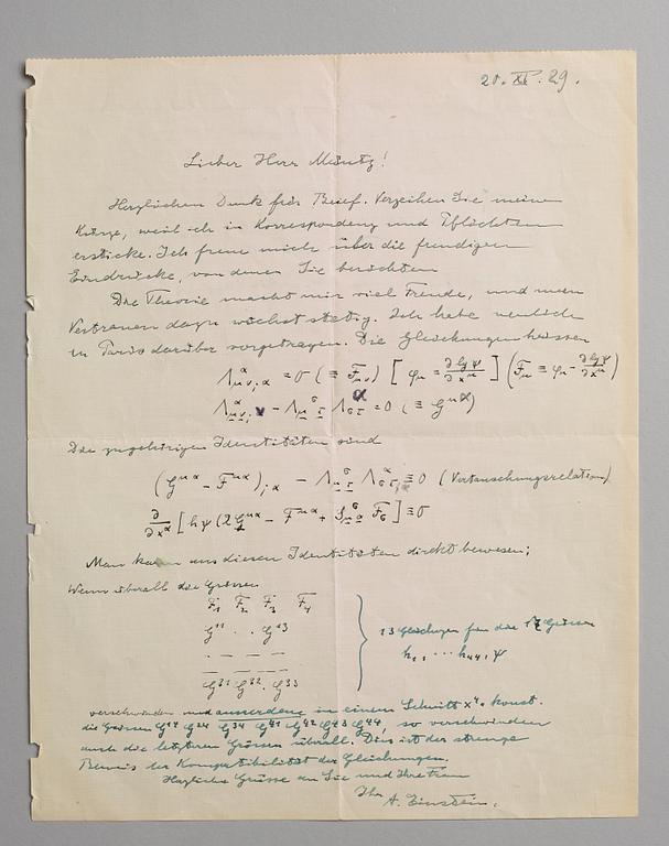 ALBERT EINSTEIN, Autograph letter with mathematical equations, signed "A. Einstein" and dated 20.XI.29. with envelope.