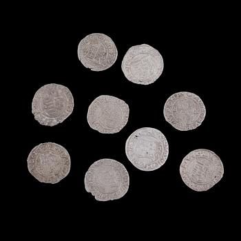 MYNT, 9 st, silver. Ungern 1500/1600-tal. Tot ca 4,5g.