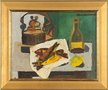 Hans Larsson, Stilleben med fiskar, citron och kanna.