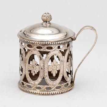 SENAPSKANNA, silver, sengustaviansk, Johan Abraham Hallard, verksam i Stockholm 1774-1809. Vikt ca 150 gram.