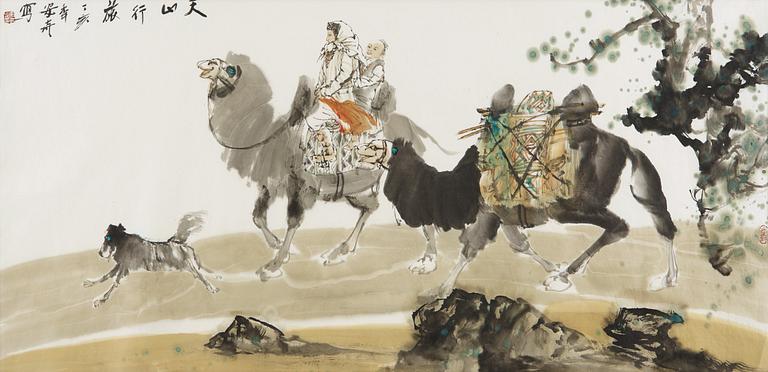 MÅLNING, av An Qi, "Travelers to Tianshan", signerad och daterad 2007.