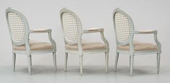 Three matched Gustavian 18th Century armchairs.