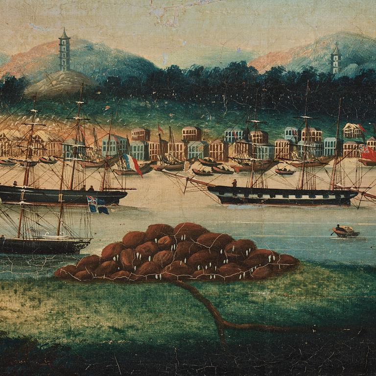 A oil painting of Whampoa Anchorage, Chinese School, Qing dynasty, 19th Century.