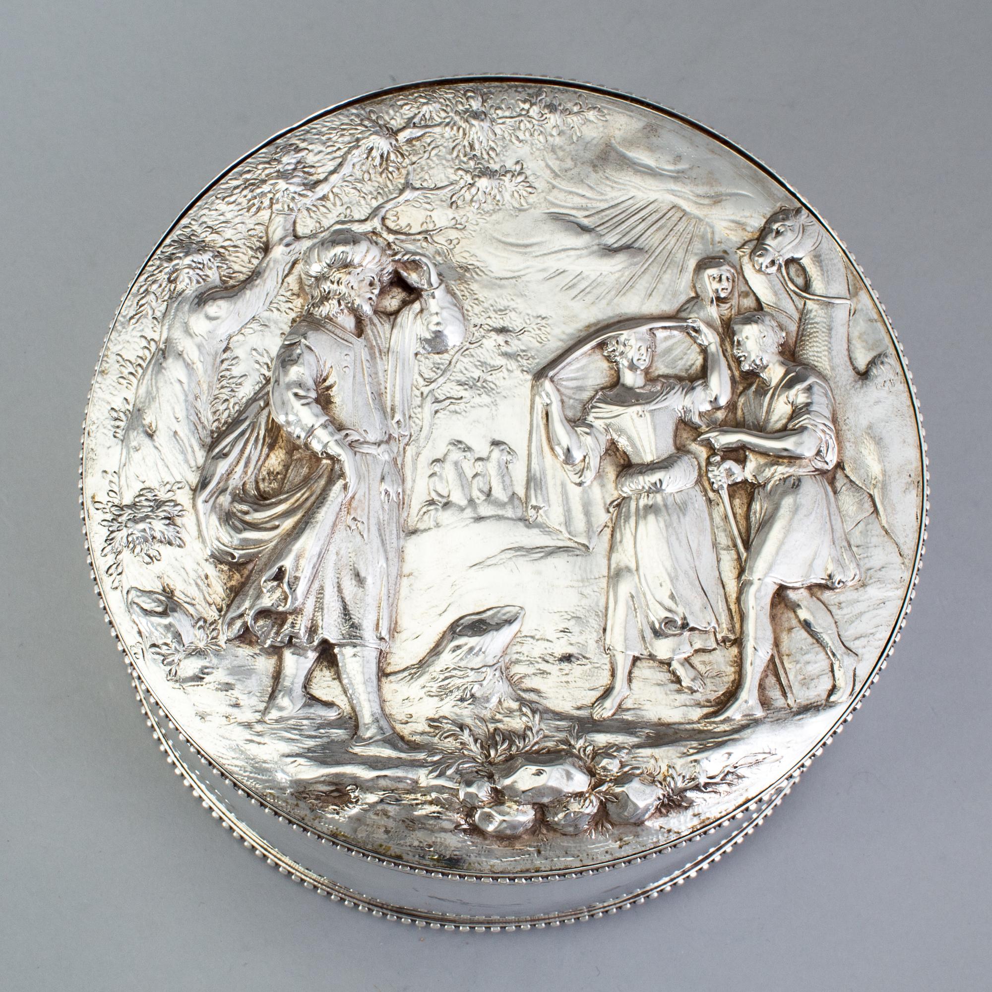 A Swedish 17th century silver plaquette, unmarked, on box marked Gustaf Henrik Sidwall, Norrkoping 1793.