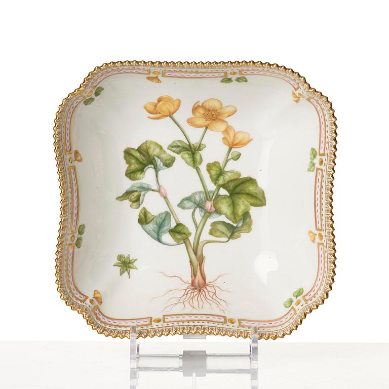 A Royal Copenhagen 'Flora Danica' sauce boat and a pillow shaped bowl, Denmark, 20th century.