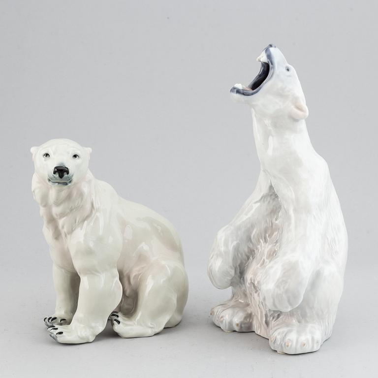 Two porcelain polar bear figurines, one marked Royal Copenhagen, 1966.