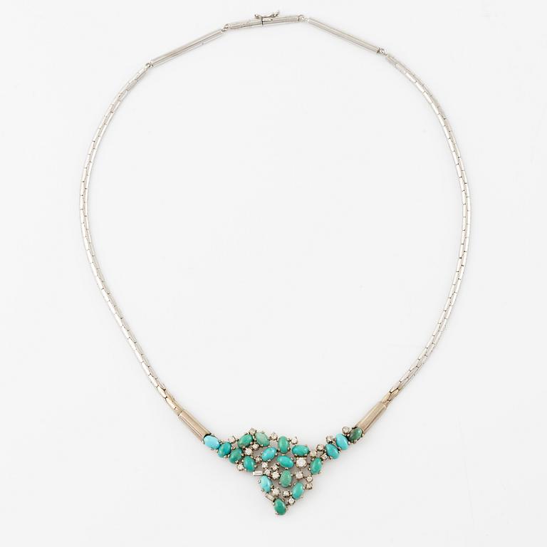 Necklace, 18K white gold with turquoises and baguette-, octagonal- and brilliant-cut diamonds.