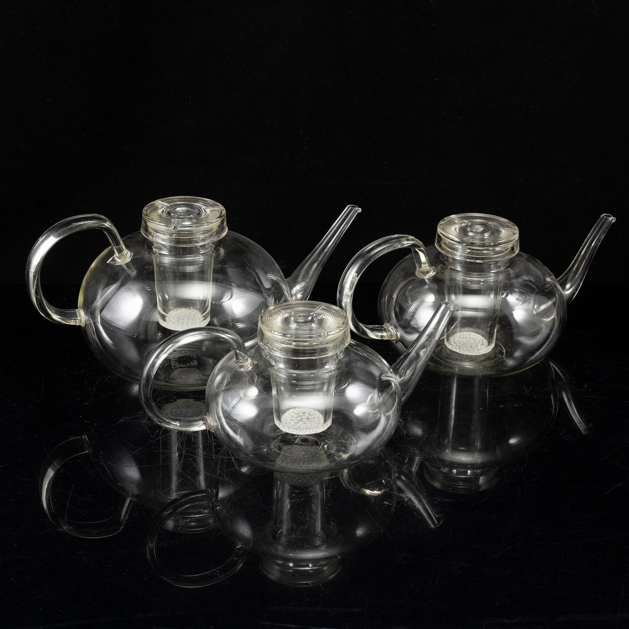 WILHELM WAGENFELD, 3 tea pots, Jenaer Glaswerk, Schott & Gen, Germany.