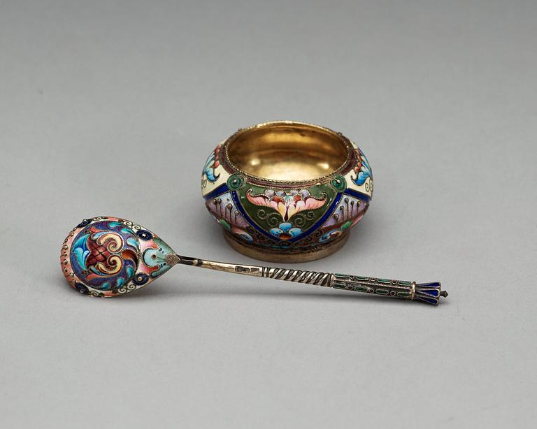 A Russian 19th century silver-gilt and enamel salt and coffee-spoon.