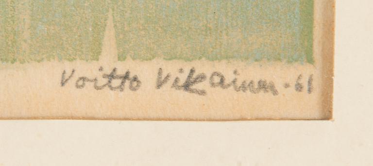 Voitto Jalmari Vikainen, puupiirros, signeerattu ja päivätty-61. Merkattu t.p.l'a 10/12.