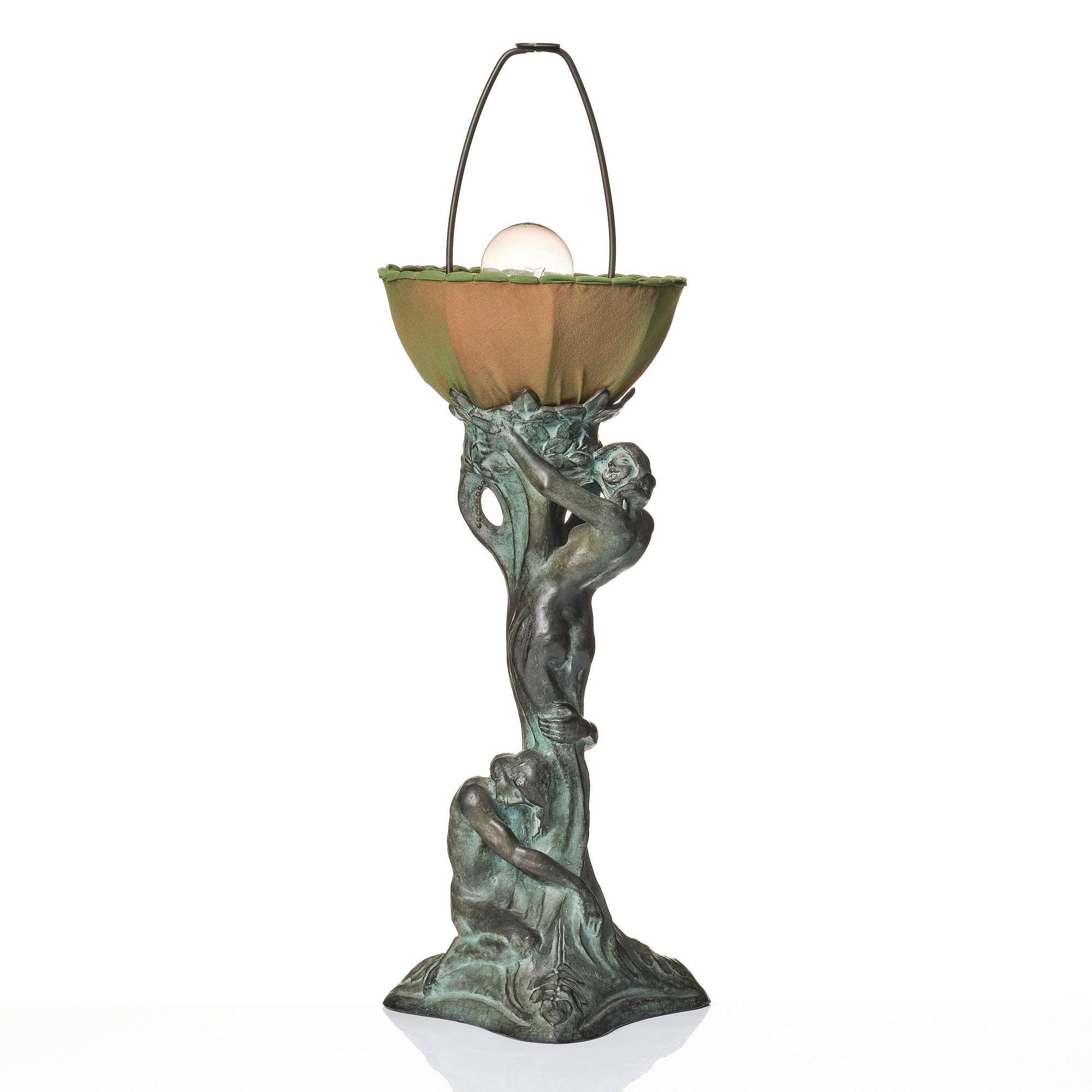 Alice Nordin, an Art Nouveau patinated bronze table lamp "Night and Morning", Herman Bergman's foundry, Stockholm, early 1900s.