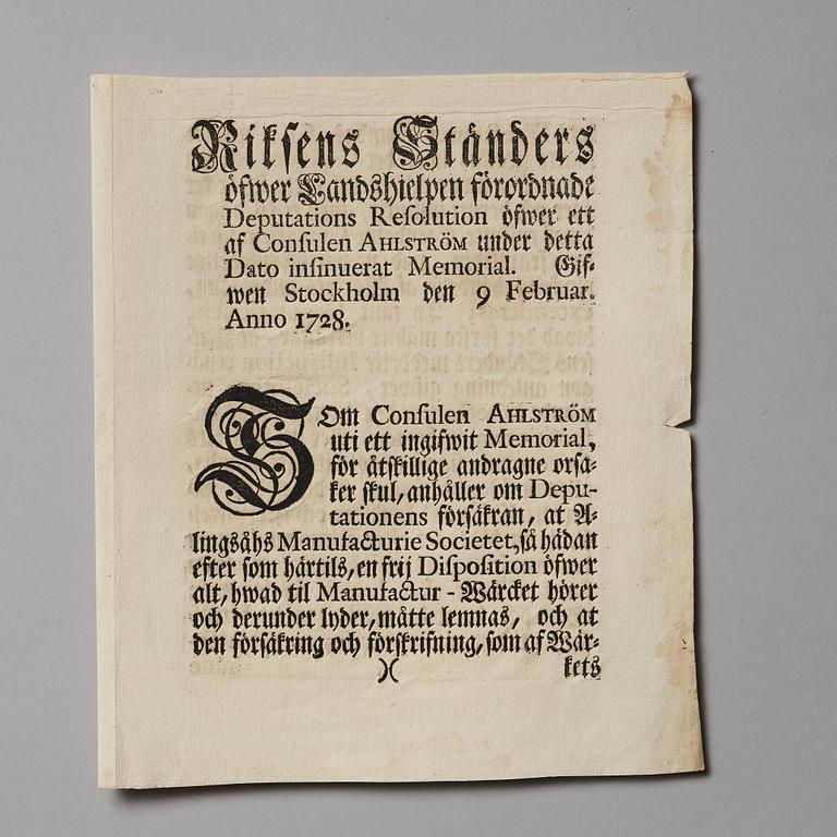 Aktiebrev, Ahlingsåhs Manufaktur Werk (Manufactur-Societet), No 212, 1728, ett tryckt förordnande medföljer.