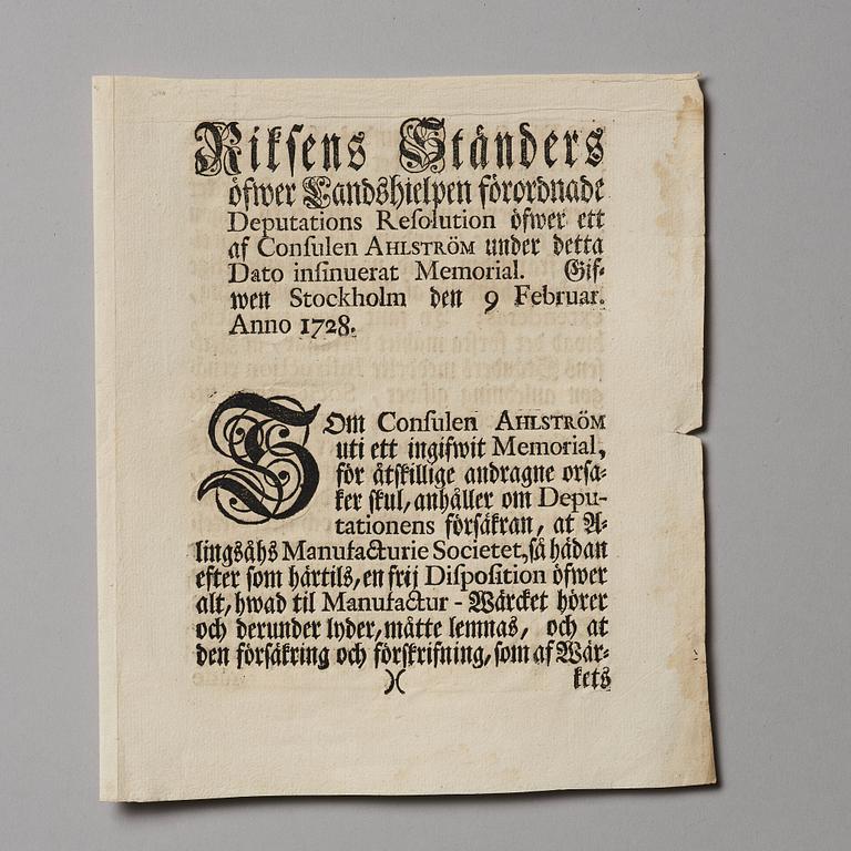 A Swedish share certificate, Ahlingsåhs Manufaktur Werk, 1728.