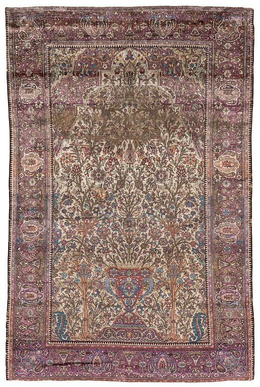 An antique Feraghan silk prayer rug, West Persia, c. 200 x 130 cm.