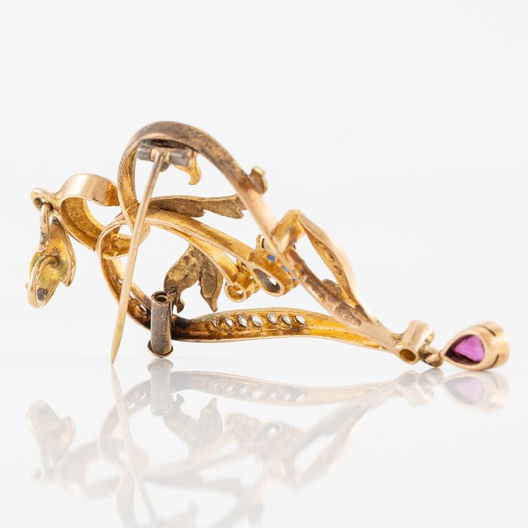 Brooch/pendant 12K two-tone gold with old mine and rose-cut diamonds, sapphire and ruby,