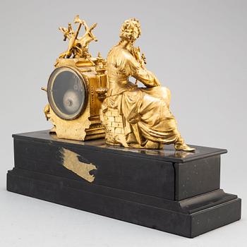 A late 19th century table clock and a pair of candlesticks.