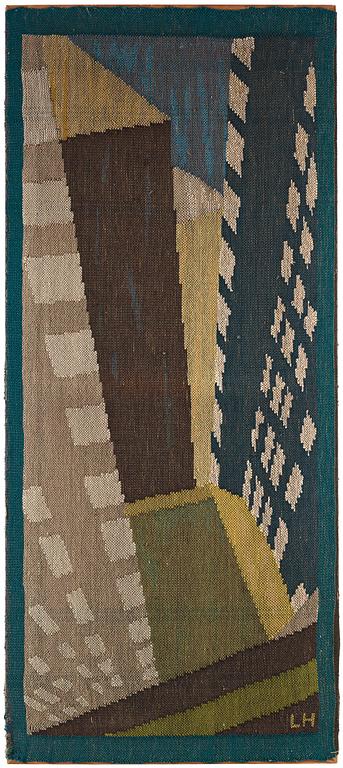 Lillian Holm, a tapestry, flat weave, ca 180,5 x 82 cm, signed LH. With the frame ca 182x79 cm.