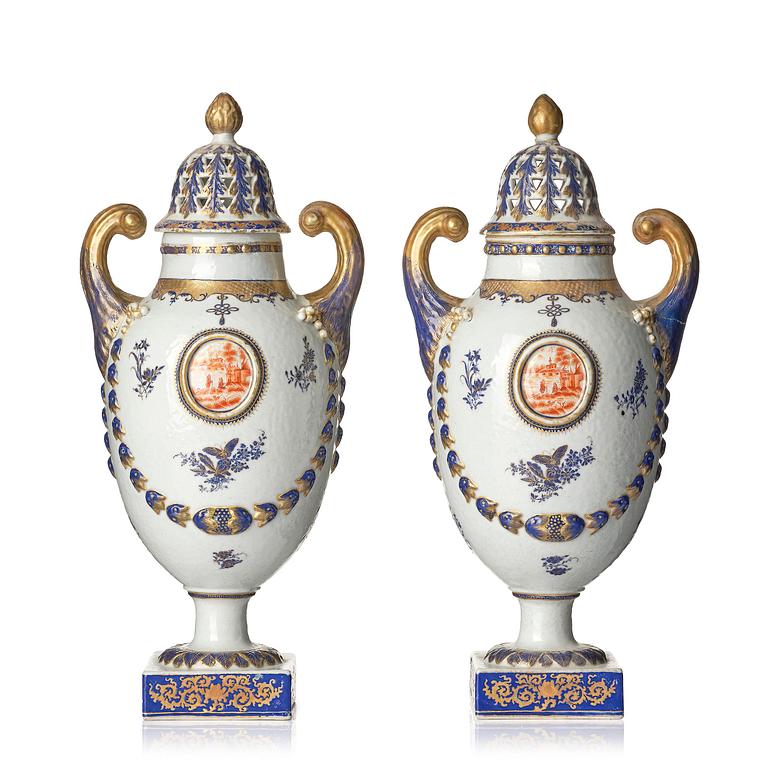 A pair of 'Marieberg' potpourri jars with covers, Qing dynasty, 18th century.