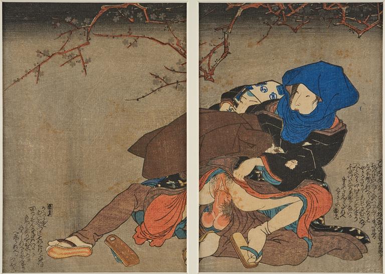 Oidentifierade konstnärer, färgträsnitt, shunga, albumblad, tre diptyker, Japan, 1800-tal.
