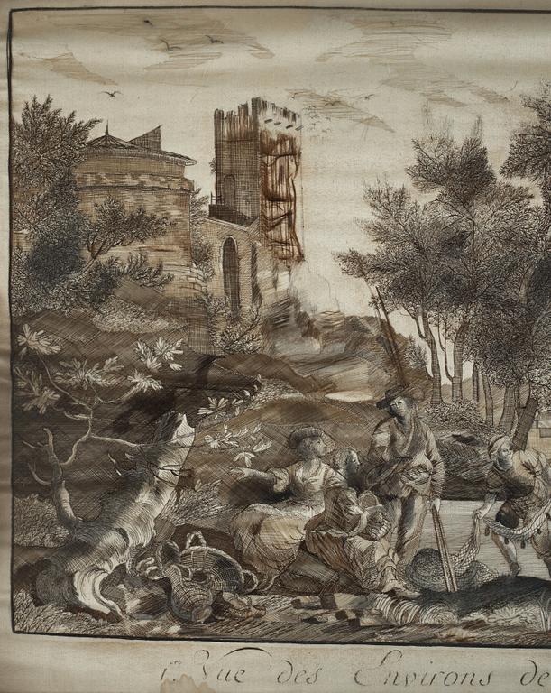 Embroideries, 1 pair, "Vue des Environs de Bayonne", signed and dated.