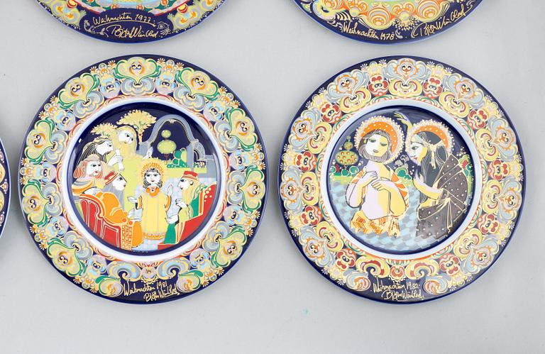 Björn Wiinblad, a set of eight Christmas porcelain plates, Rosenthal 1975-1982.