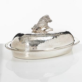Covered bowl, silver plate, with glass insert, 20th century.