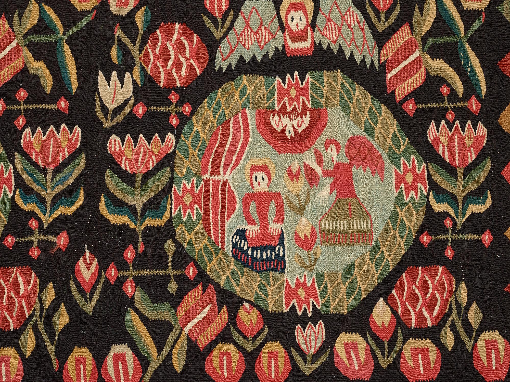 ÅKDYNA, flamskväv, "Bebådelsen", ca 47,5-49,5 x 96,5-97,5 cm, Skåne 1800-talets förra hälft.
