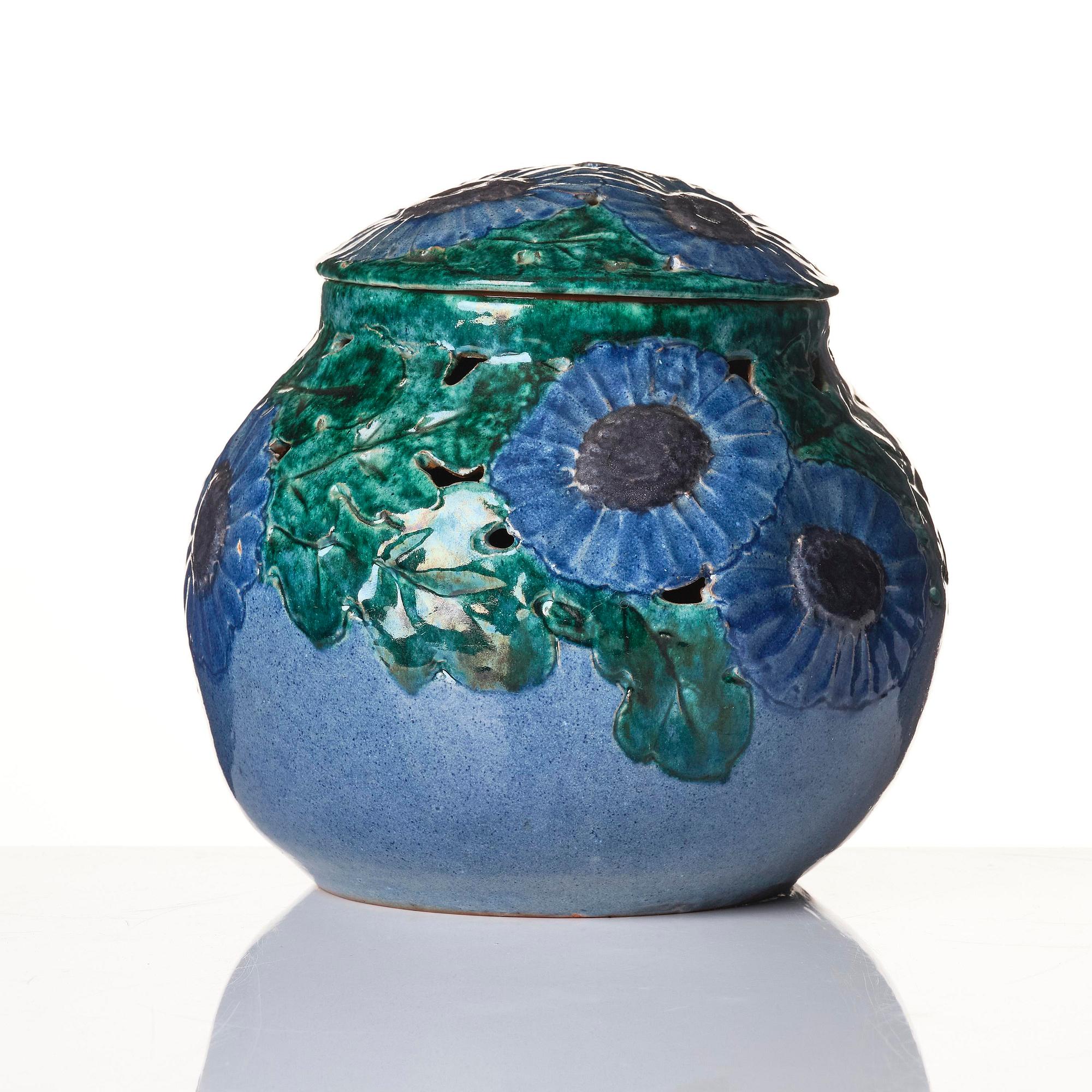Hilma Persson-Hjelm, a glazed earthenware  art nouveau lidded vase, executed in her own studio, Arvika, 1920, No. 1008.