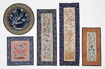 A group of five Chinese silk panels, around 1900.