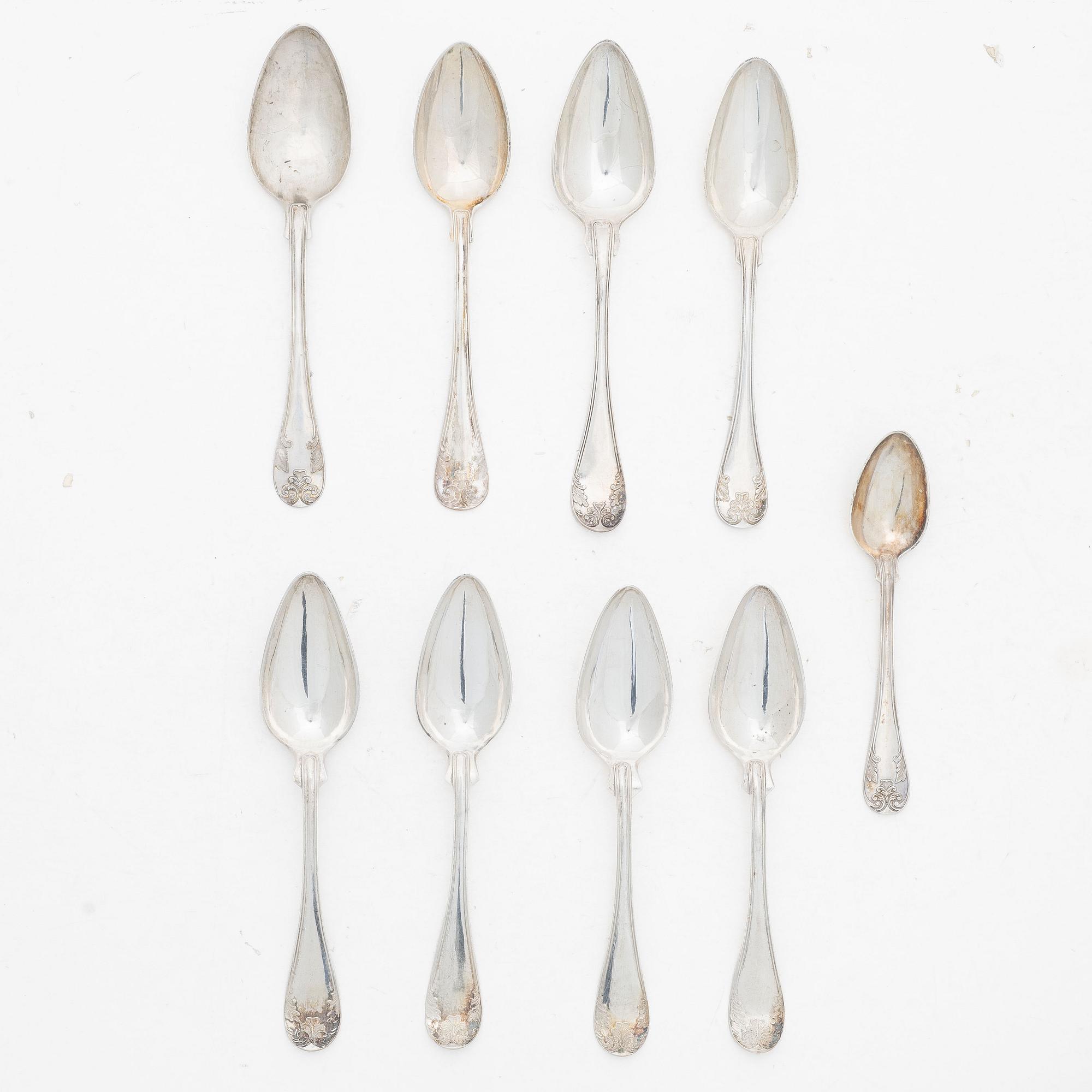 Nine Swedish silver spoons, 1843–1915.