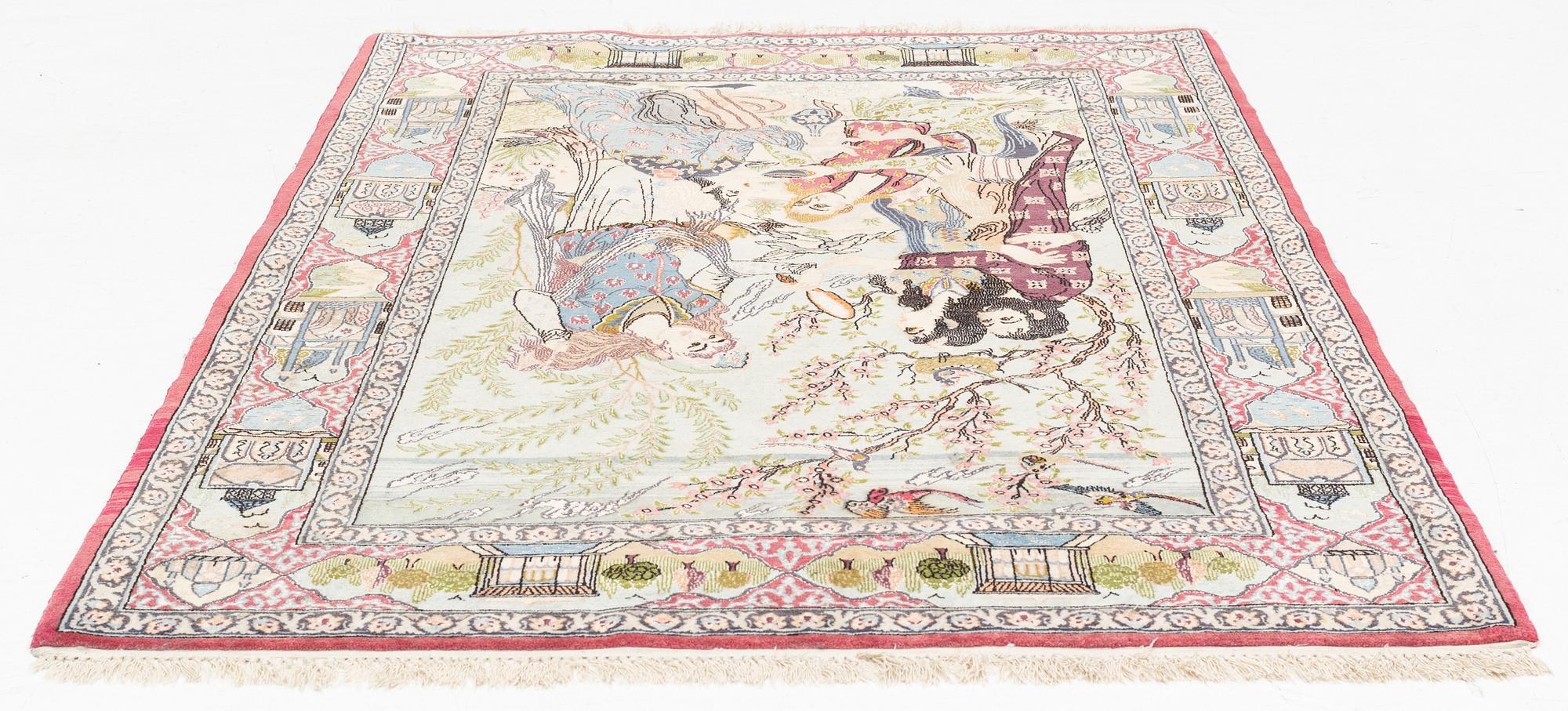 A figural Isfahan part silk rug, old, c. 167 x 113 cm.